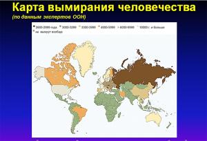 Экспертами ООН составлена карта вымирания человечества, согласно их расчётам, если демографическая ситуация в России существенно не изменится, то примерно через 800 лет на земле умрет последняя русская женщина